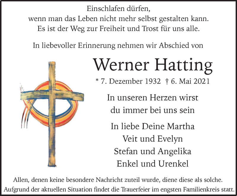  Traueranzeige für Werner Hatting vom 08.05.2021 aus Tageszeitung