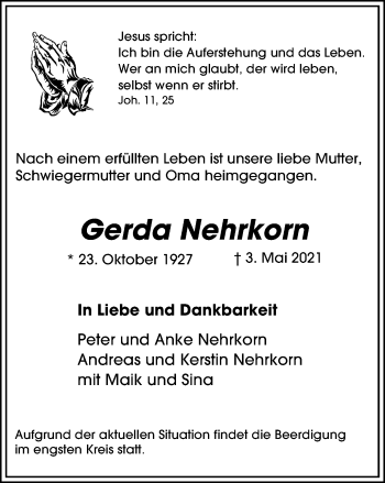 Traueranzeige von Gerda Nehrkorn von Tageszeitung