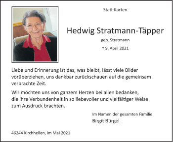 Traueranzeige von Hedwig Stratmann-Täpper von Tageszeitung