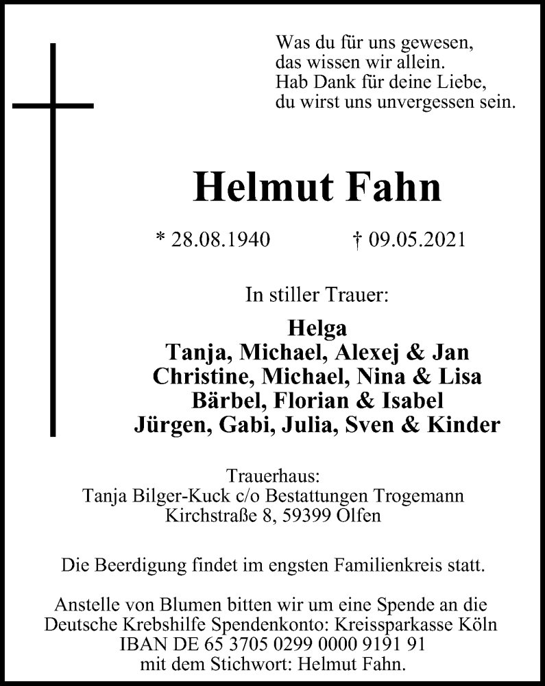  Traueranzeige für Helmut Fahn vom 15.05.2021 aus Tageszeitung