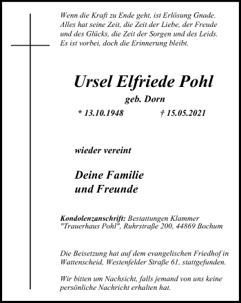 Traueranzeige von Ursel Elfriede Pohl von Tageszeitung