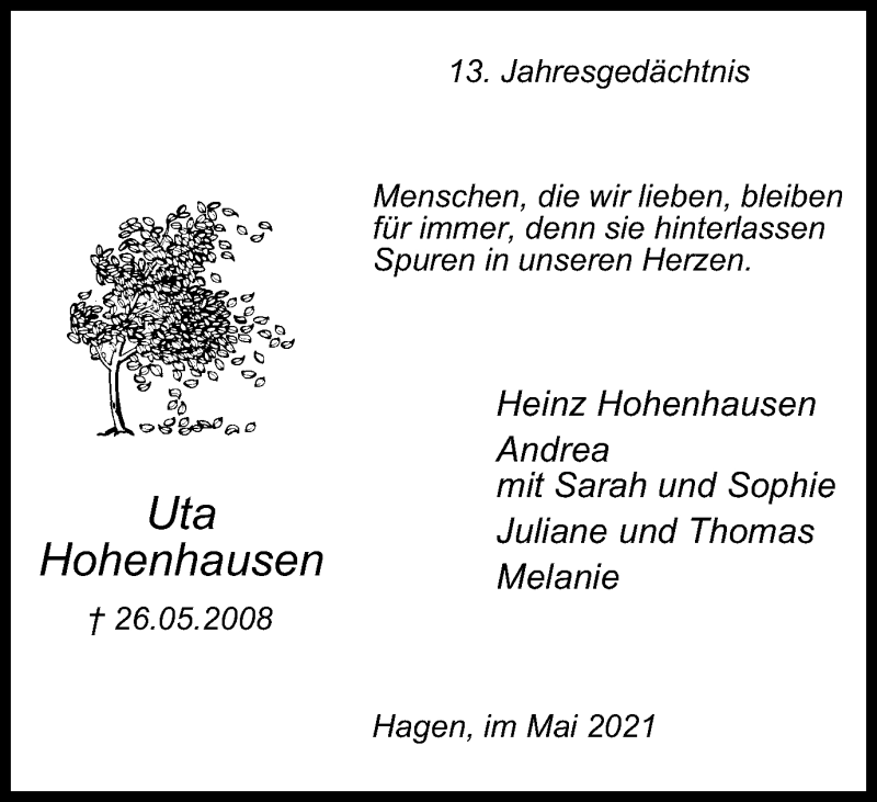  Traueranzeige für Uta Hohenhausen vom 26.05.2021 aus Tageszeitung