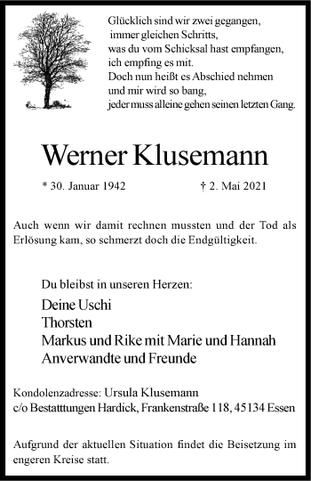 Traueranzeige von Werner Klusemann von Tageszeitung