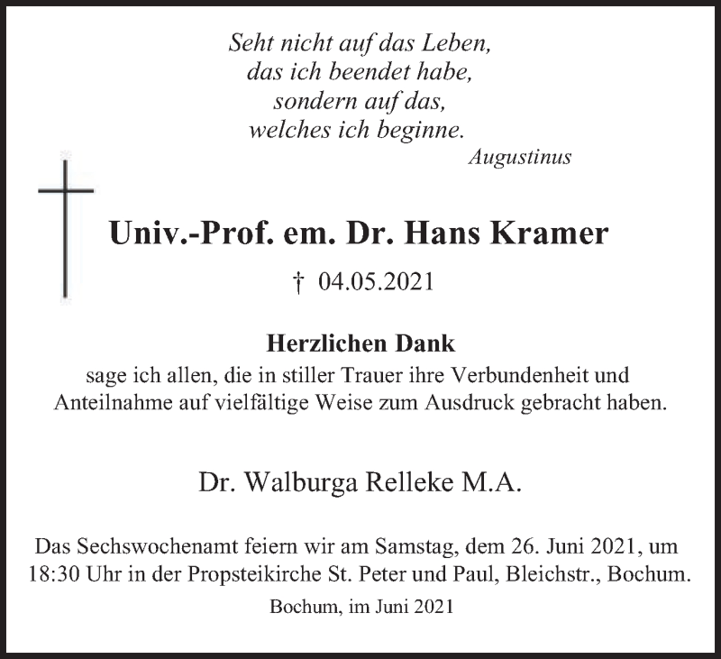  Traueranzeige für Hans Kramer vom 11.06.2021 aus waz