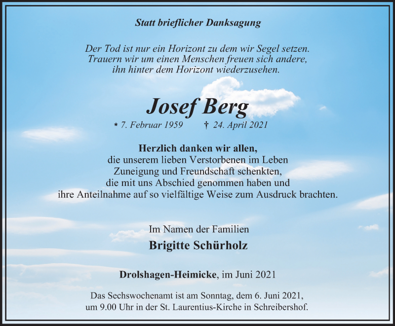  Traueranzeige für Josef Berg vom 02.06.2021 aus Tageszeitung