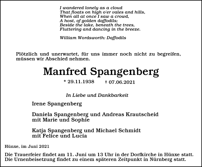  Traueranzeige für Manfred Spangenberg vom 10.06.2021 aus Tageszeitung