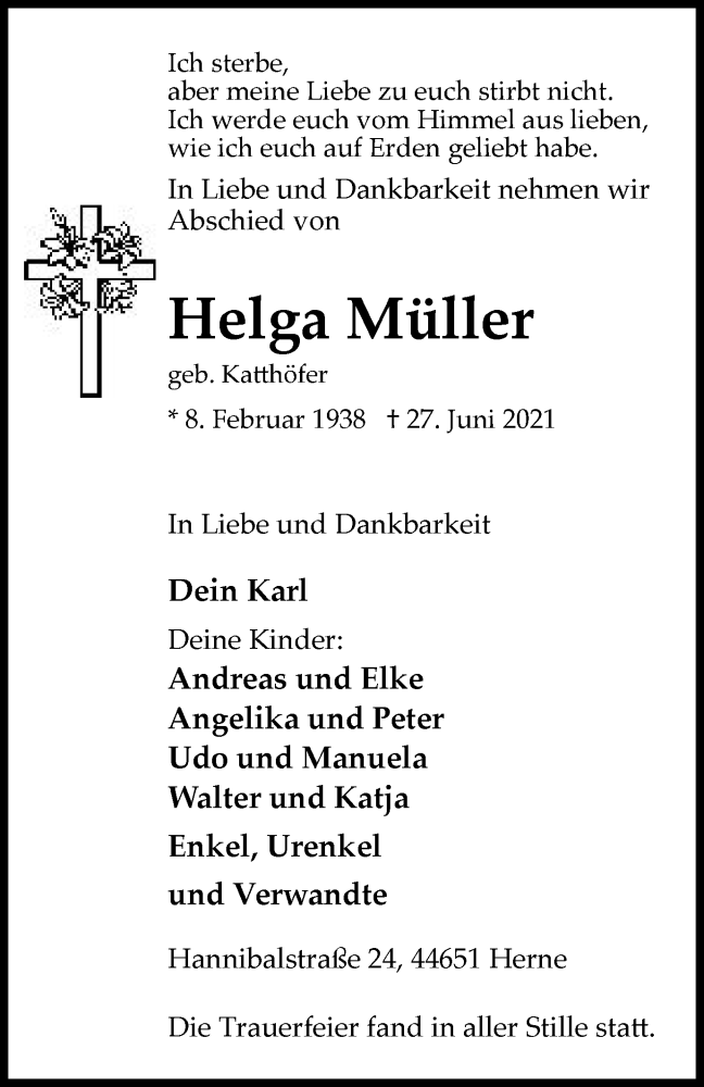  Traueranzeige für Helga Müller vom 22.07.2021 aus Tageszeitung