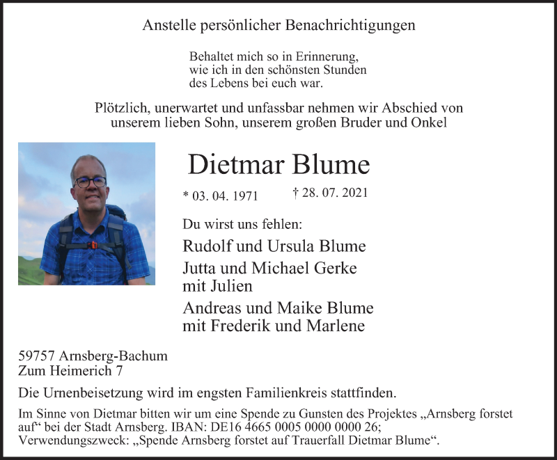  Traueranzeige für Dietmar Blume vom 31.07.2021 aus waz