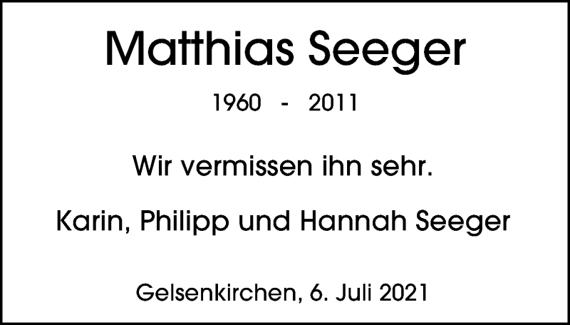  Traueranzeige für Matthias Seeger vom 06.07.2021 aus waz