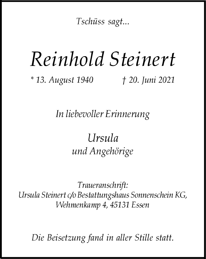  Traueranzeige für Reinhold Steinert vom 03.07.2021 aus Tageszeitung