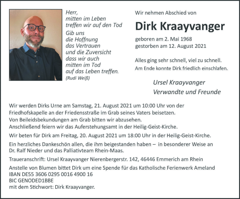  Traueranzeige für Dirk Kraayvanger vom 18.08.2021 aus Tageszeitung