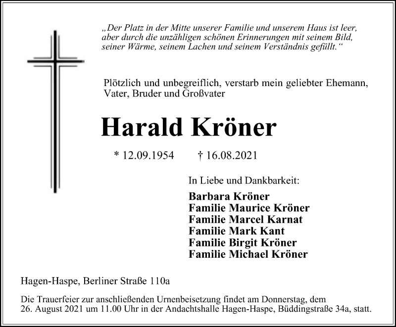  Traueranzeige für Harald Kröner vom 21.08.2021 aus Tageszeitung