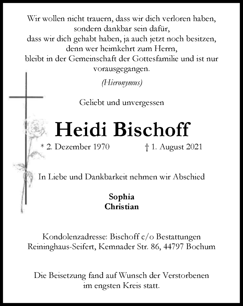  Traueranzeige für Heidi Bischoff vom 07.08.2021 aus Tageszeitung