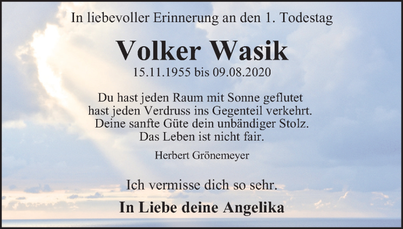  Traueranzeige für Volker Wasik vom 07.08.2021 aus Tageszeitung