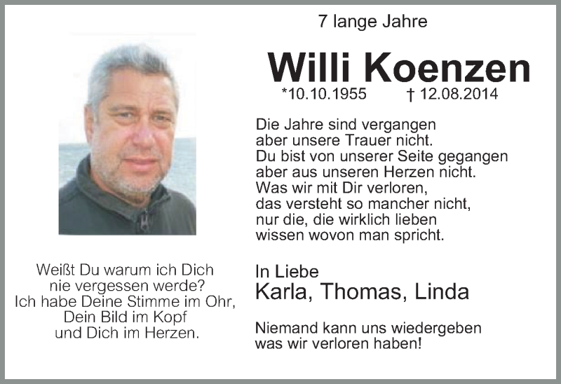  Traueranzeige für Willi Koenzen vom 14.08.2021 aus Tageszeitung