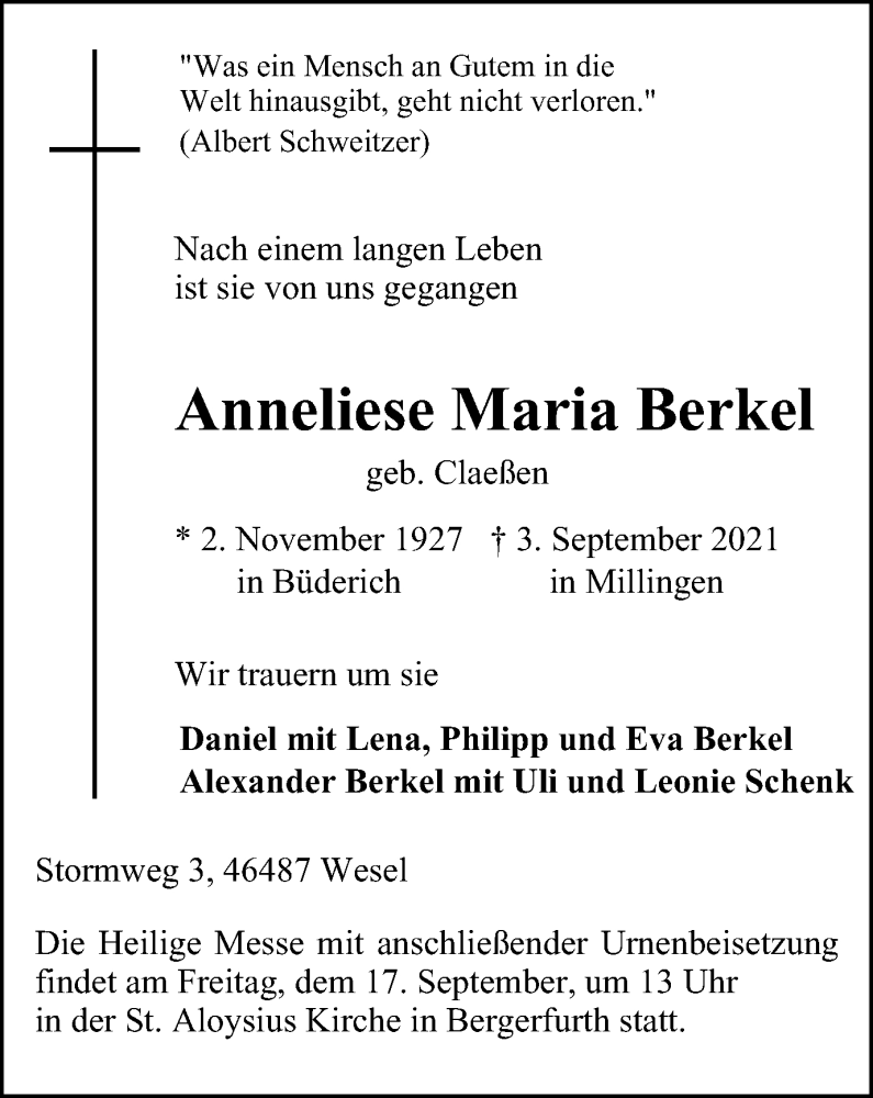  Traueranzeige für Anneliese Maria Berkel vom 14.09.2021 aus waz