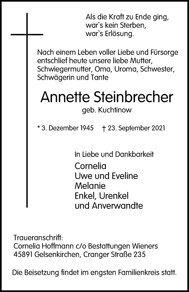 Traueranzeige für Annette Steinbrecher vom 25.09.2021 aus Tageszeitung