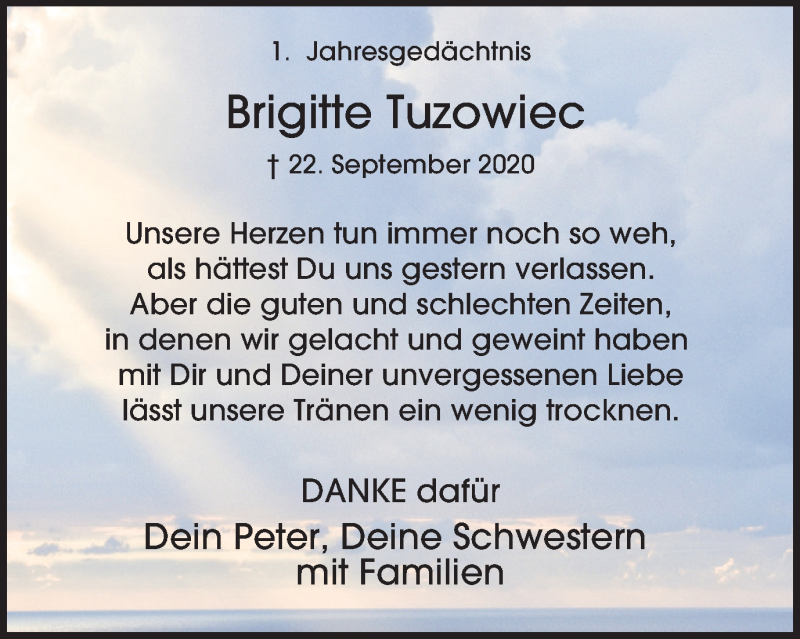  Traueranzeige für Brigitte Tuzowiec vom 22.09.2021 aus waz