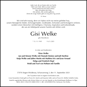 Traueranzeige von Gisi Welke von Westdeutsche Allgemeine Zeitung