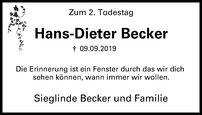  Traueranzeige für Hans-Dieter Becker vom 11.09.2021 aus Tageszeitung
