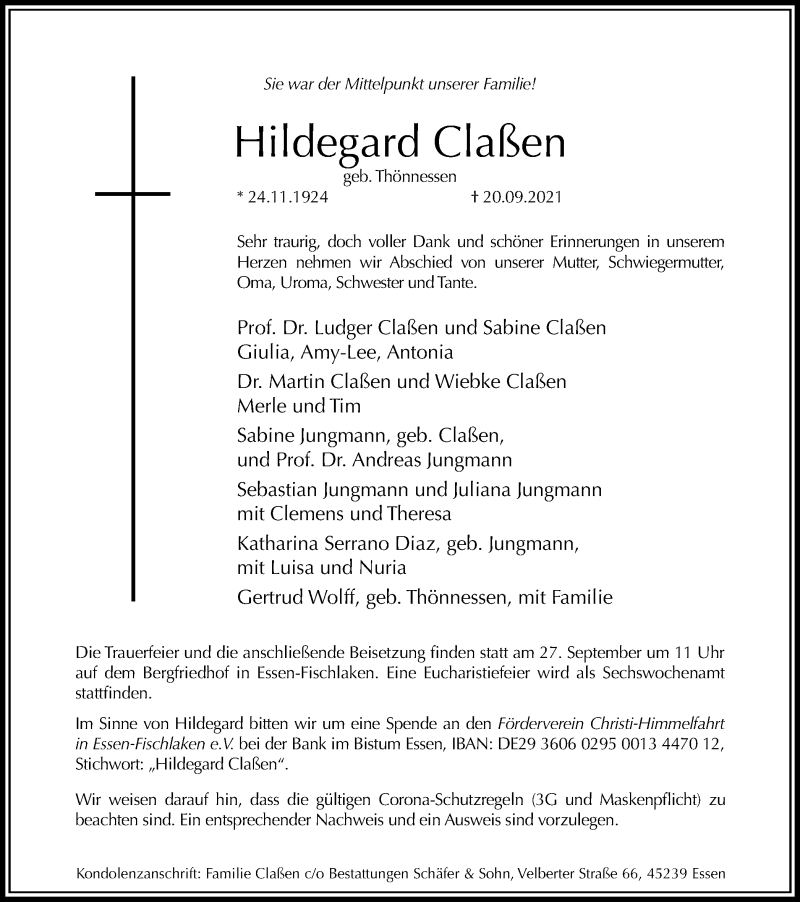  Traueranzeige für Hildegard Claßen vom 23.09.2021 aus Tageszeitung
