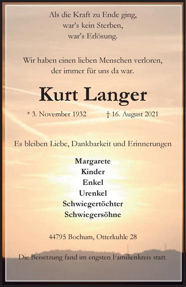  Traueranzeige für Kurt Langer vom 11.09.2021 aus Tageszeitung