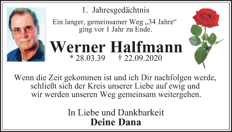  Traueranzeige für Werner Halfmann vom 22.09.2021 aus waz