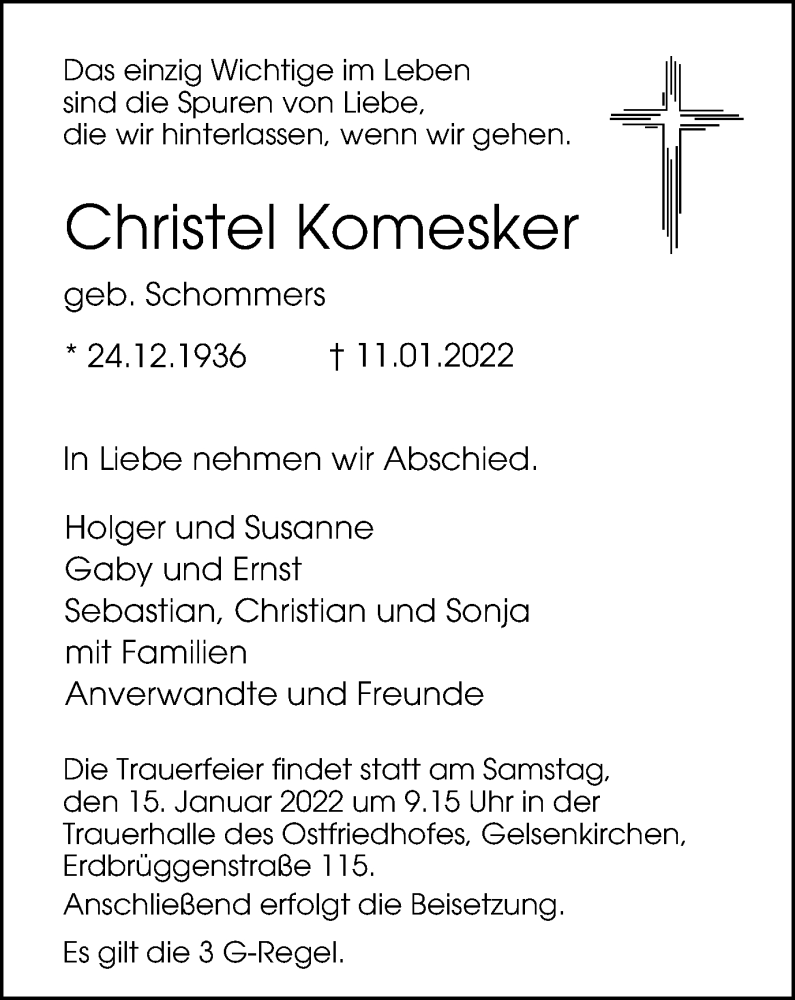  Traueranzeige für Christel Komesker vom 13.01.2022 aus waz