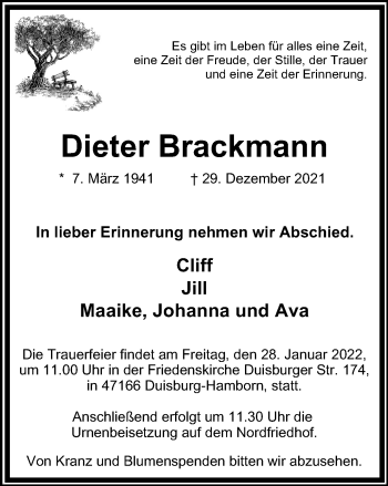 Traueranzeige von Dieter Brackmann von waz