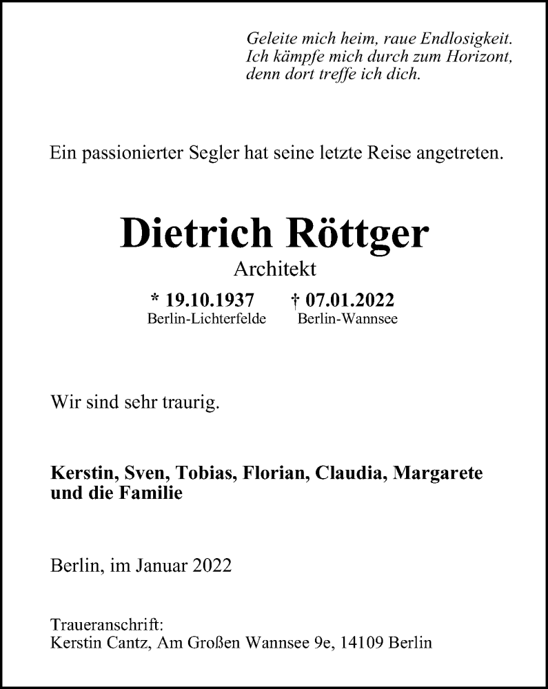  Traueranzeige für Dietrich Röttger vom 14.01.2022 aus waz