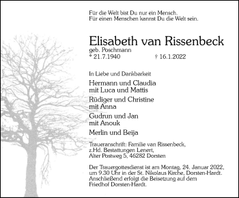 Traueranzeige von Elisabeth van Rissenbeck von waz