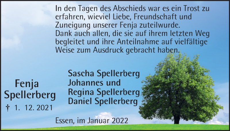  Traueranzeige für Fenja Spellerberg vom 08.01.2022 aus Tageszeitung