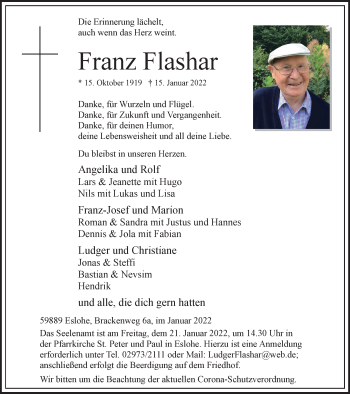 Traueranzeige von Franz Flashar von waz