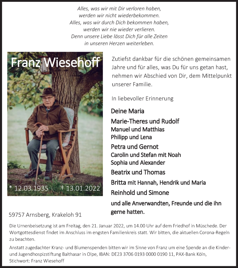  Traueranzeige für Franz Wiesehoff vom 15.01.2022 aus waz