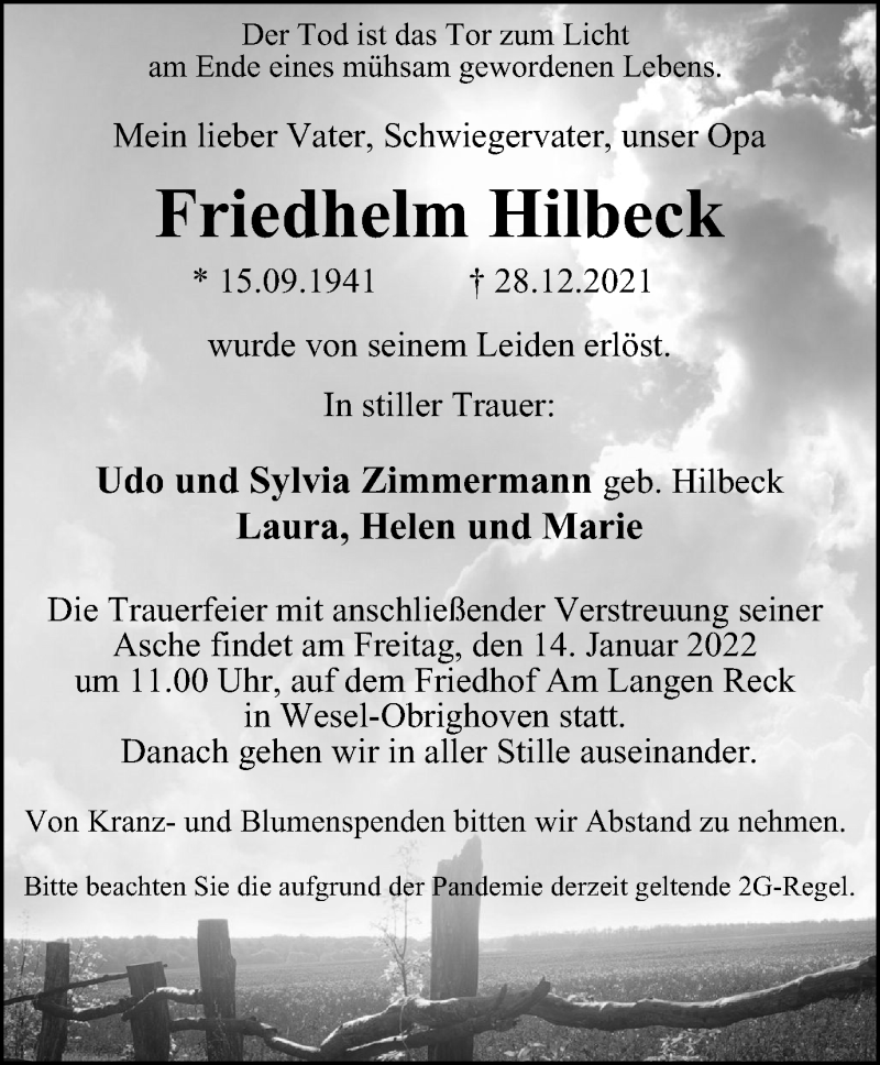  Traueranzeige für Friedhelm Hilbeck vom 08.01.2022 aus waz