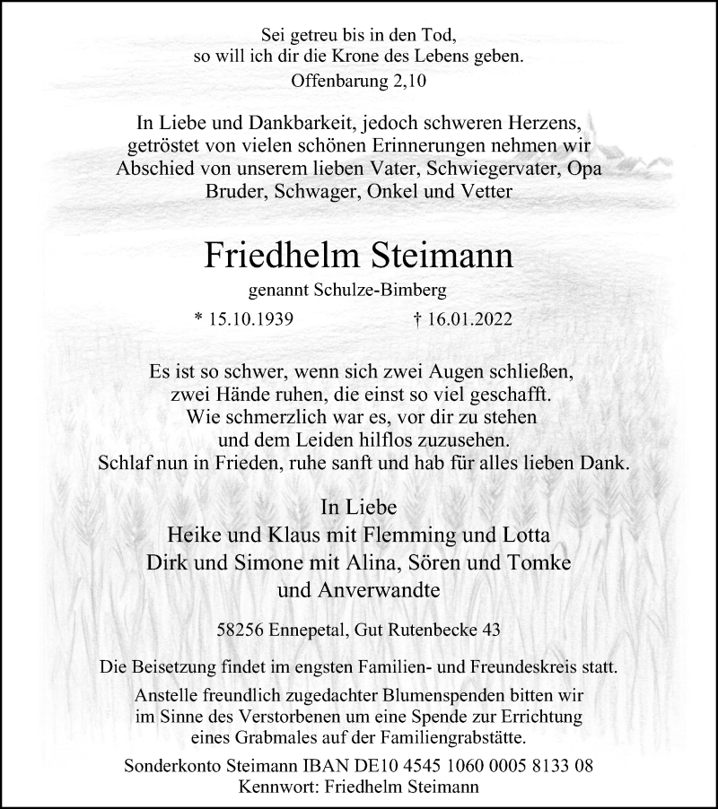  Traueranzeige für Friedhelm Steimann vom 19.01.2022 aus Tageszeitung