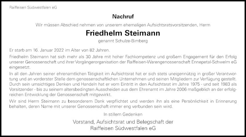  Traueranzeige für Friedhelm Steimann vom 22.01.2022 aus Tageszeitung