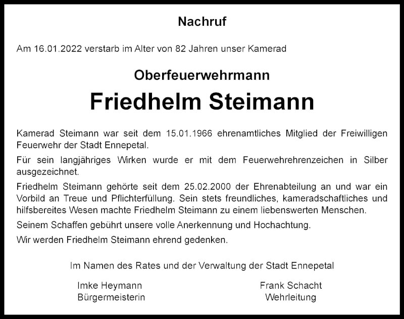  Traueranzeige für Friedhelm Steimann vom 22.01.2022 aus Tageszeitung