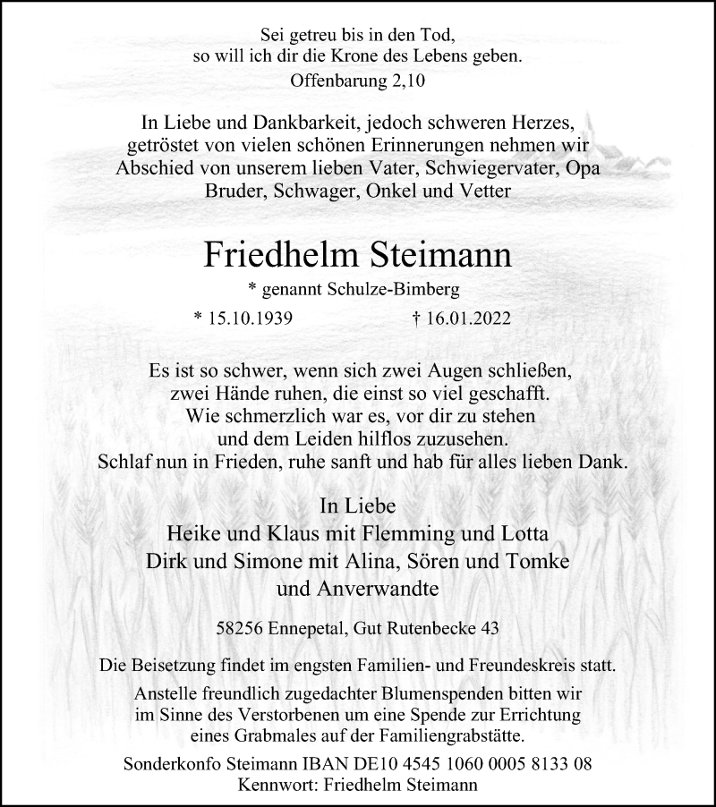  Traueranzeige für Friedhelm Steimann vom 18.01.2022 aus Tageszeitung