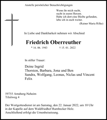 Traueranzeige von Friedrich Oberreuther von waz