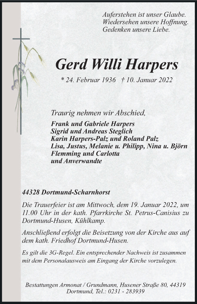  Traueranzeige für Gerd Willi Harpers vom 14.01.2022 aus waz