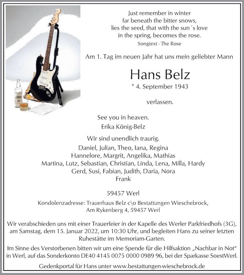  Traueranzeige für Hans Belz vom 08.01.2022 aus waz