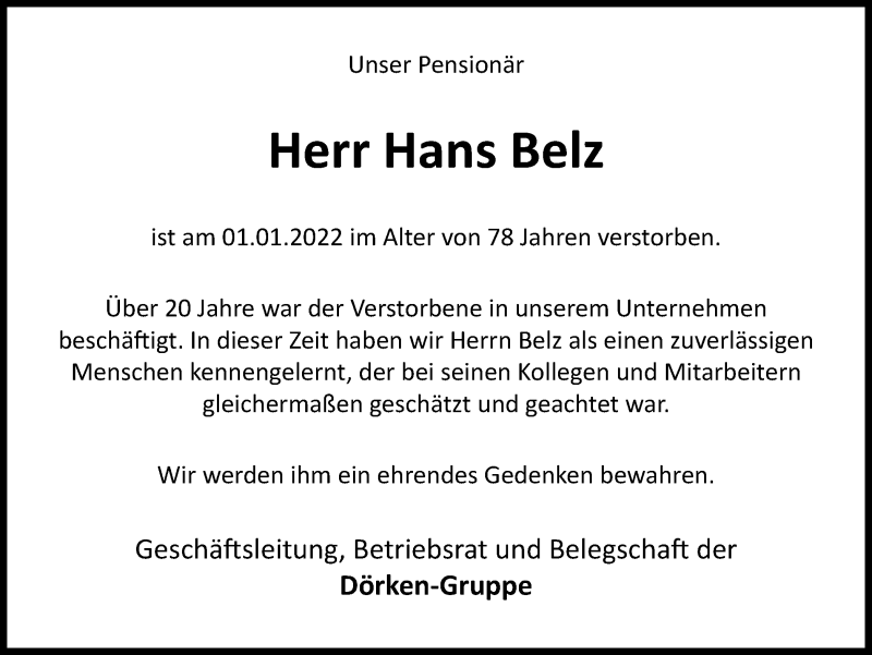  Traueranzeige für Hans Belz vom 14.01.2022 aus waz