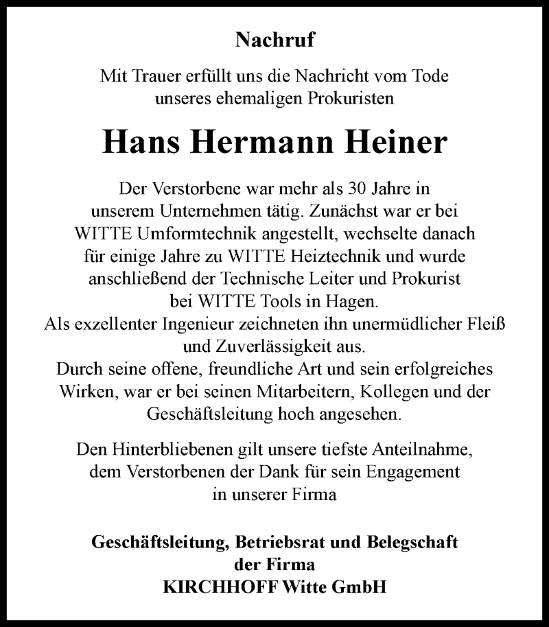  Traueranzeige für Hans Hermann Heiner vom 14.01.2022 aus waz