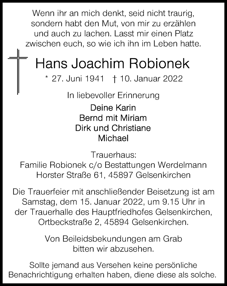  Traueranzeige für Hans Joachim Robionek vom 14.01.2022 aus waz