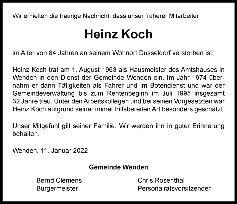  Traueranzeige für Heinz Koch vom 14.01.2022 aus waz
