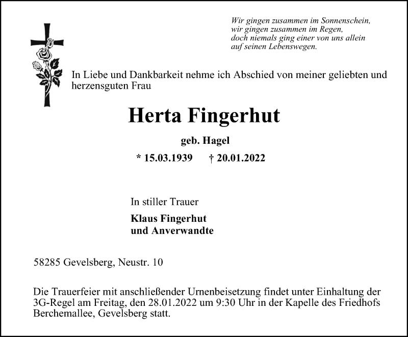  Traueranzeige für Herta Fingerhut vom 27.01.2022 aus waz