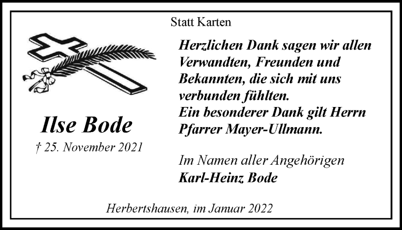  Traueranzeige für Ilse Bode vom 10.01.2022 aus waz