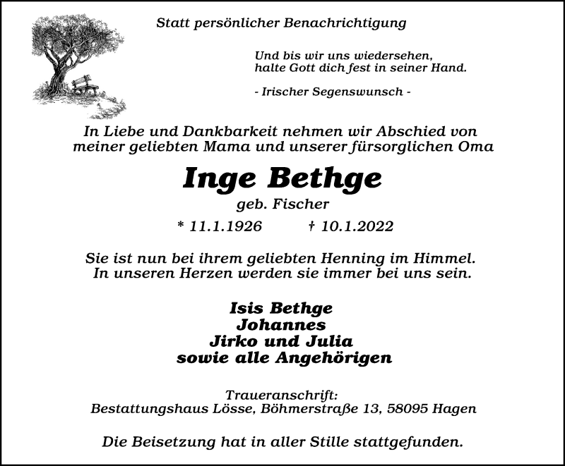  Traueranzeige für Inge Bethge vom 14.01.2022 aus waz