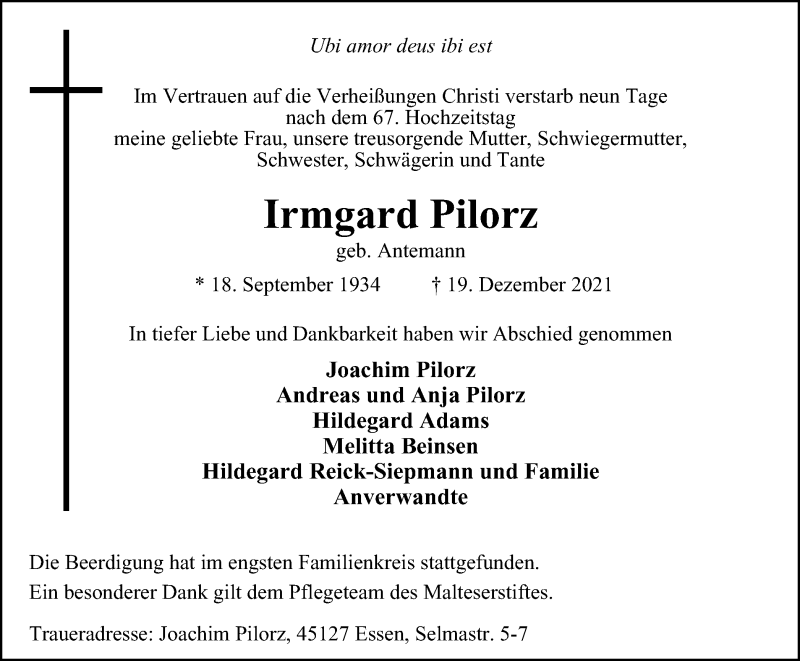  Traueranzeige für Irmgard Pilorz vom 14.01.2022 aus waz